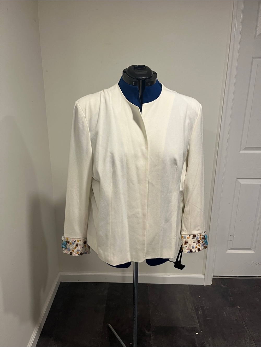 Cream Collarless Women's Blazer with Decorative Cuffs